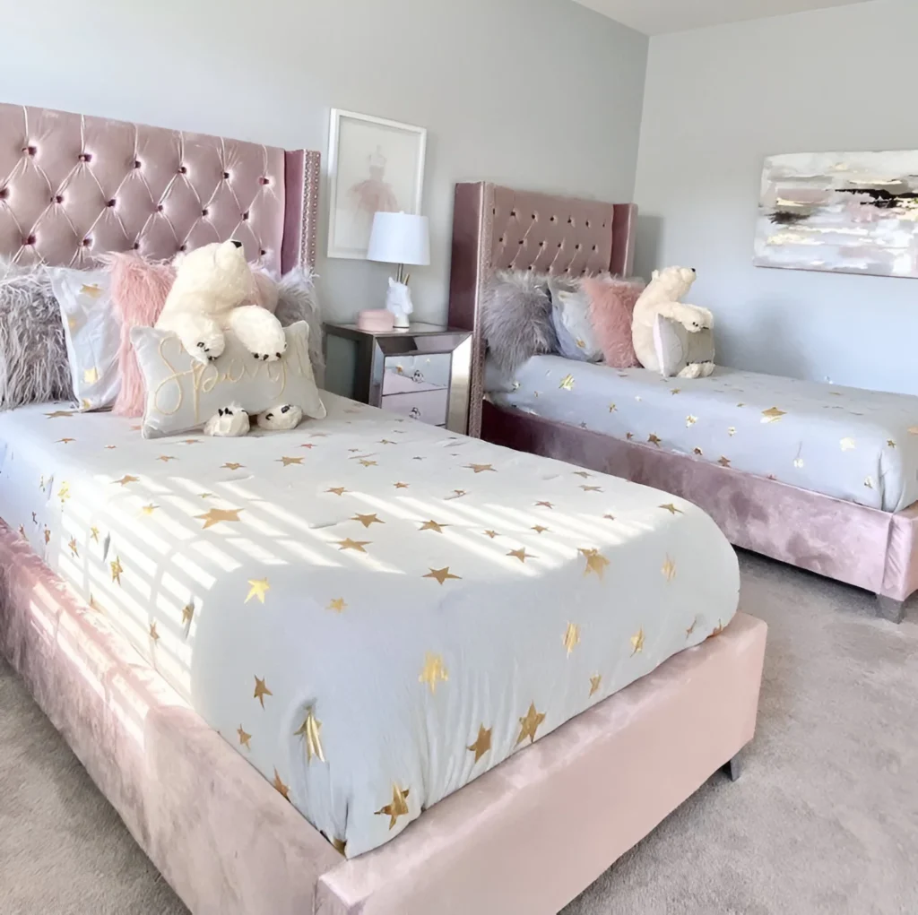 Glamorous Shared Bedroom with Pink Tufted Beds