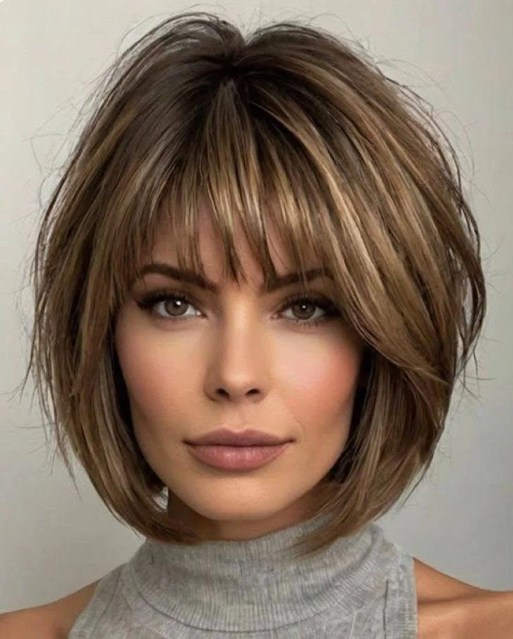 Textured bob with bangs, a stylish and flirty short haircut choice for 2025.