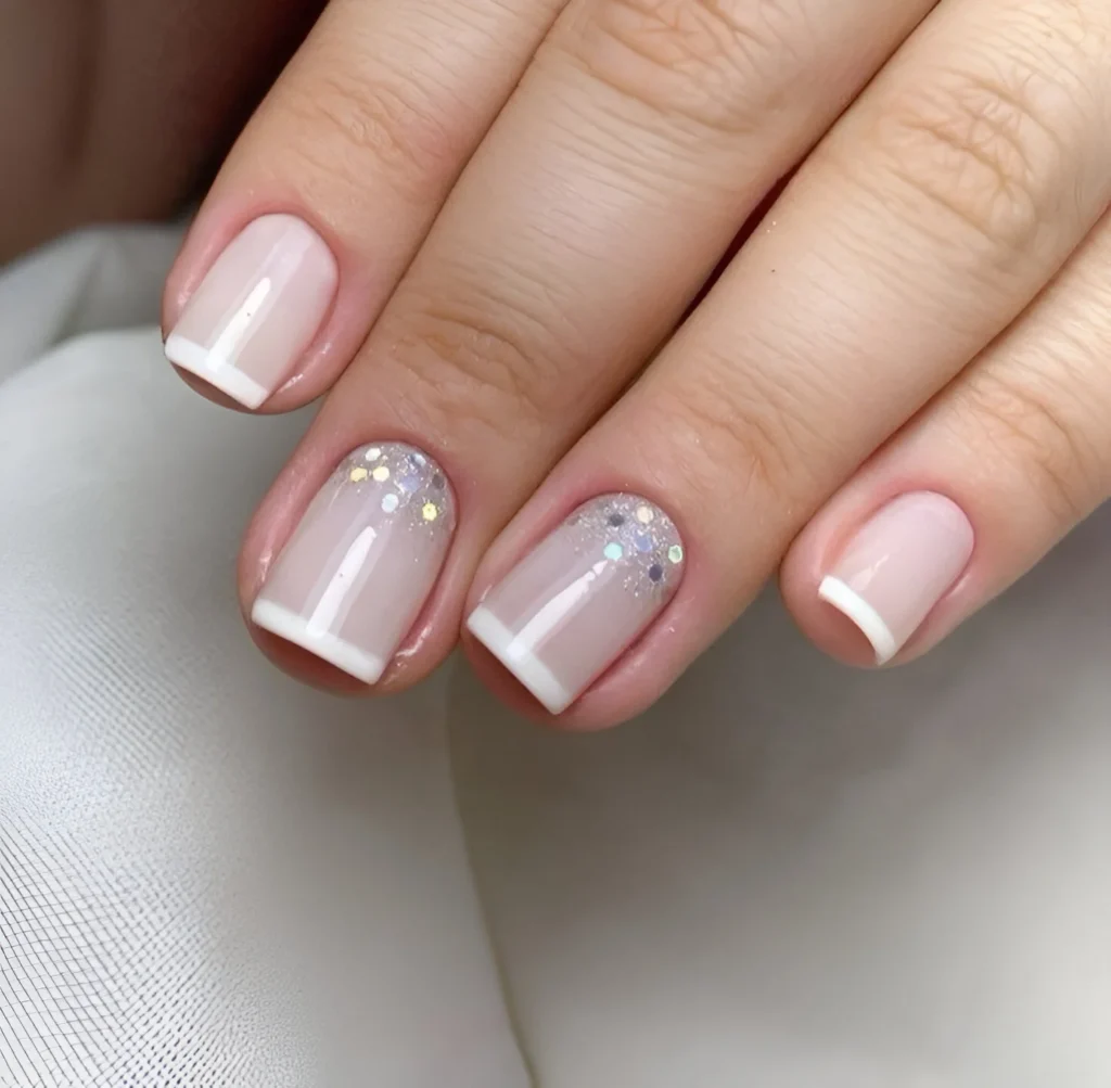 Short nails with a French manicure and chunky iridescent glitter accents at the base.