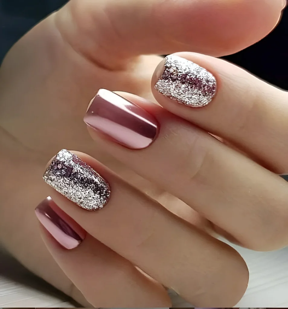 Short nails with metallic rose gold polish and chunky silver glitter accent nails.