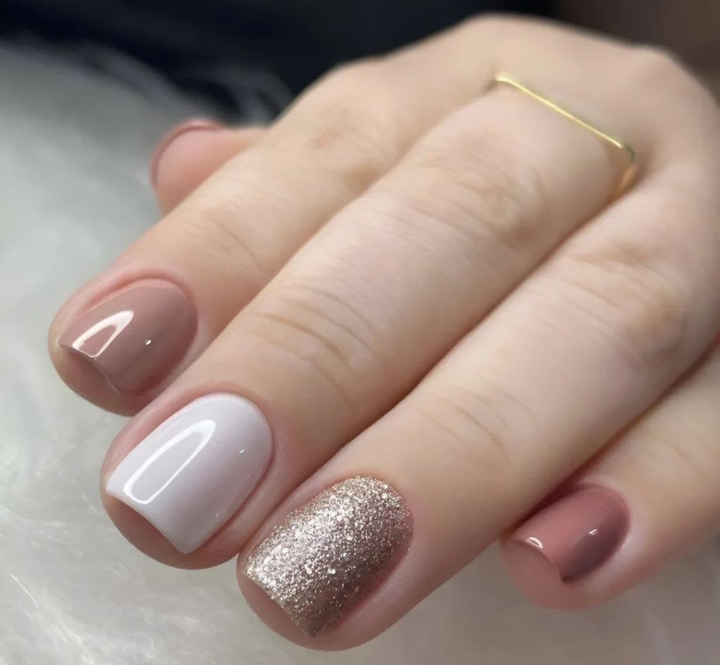 Short nails with mauve, white, and champagne glitter polish.