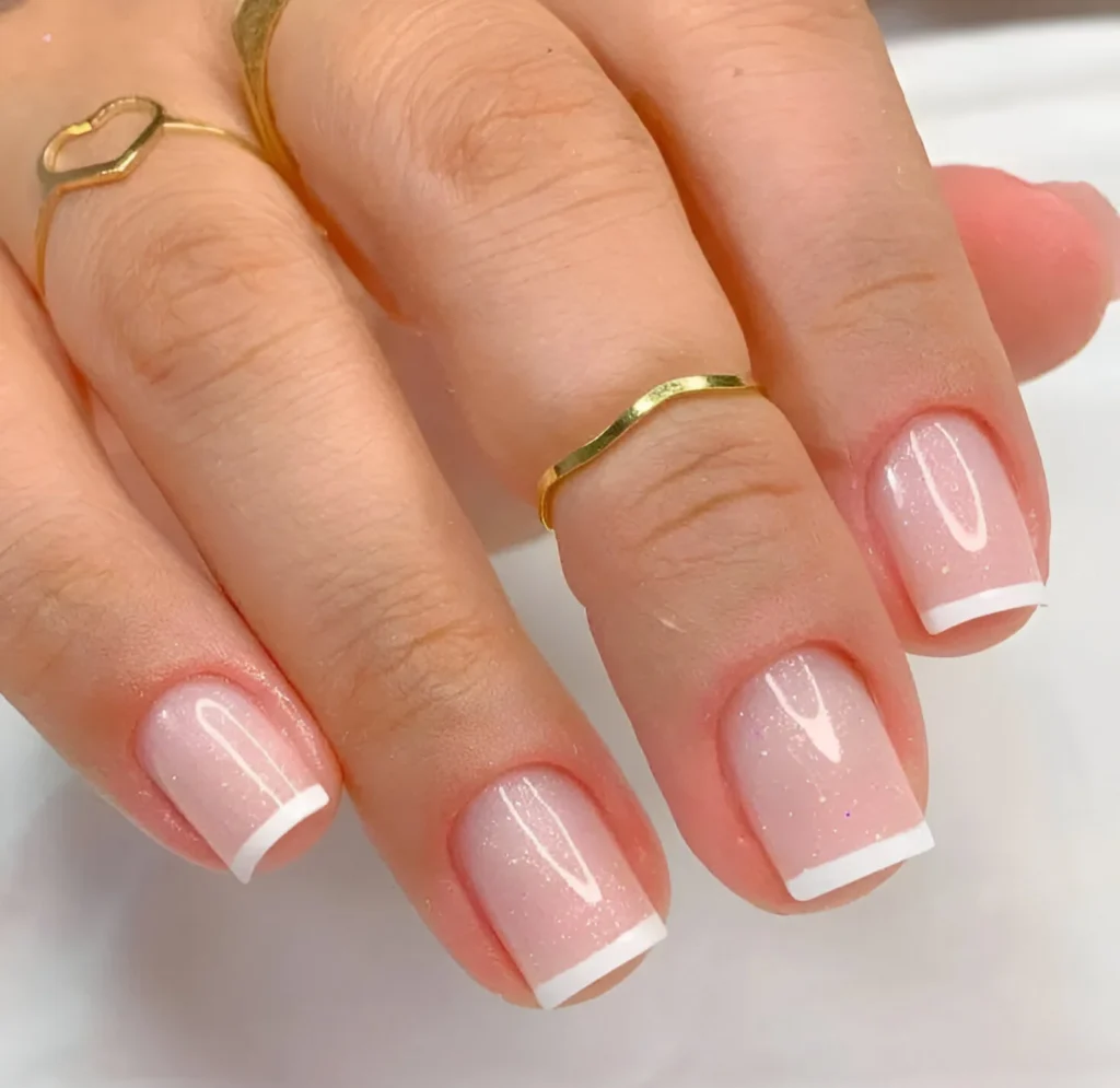 Short square nails with sheer glitter base and white French tips.