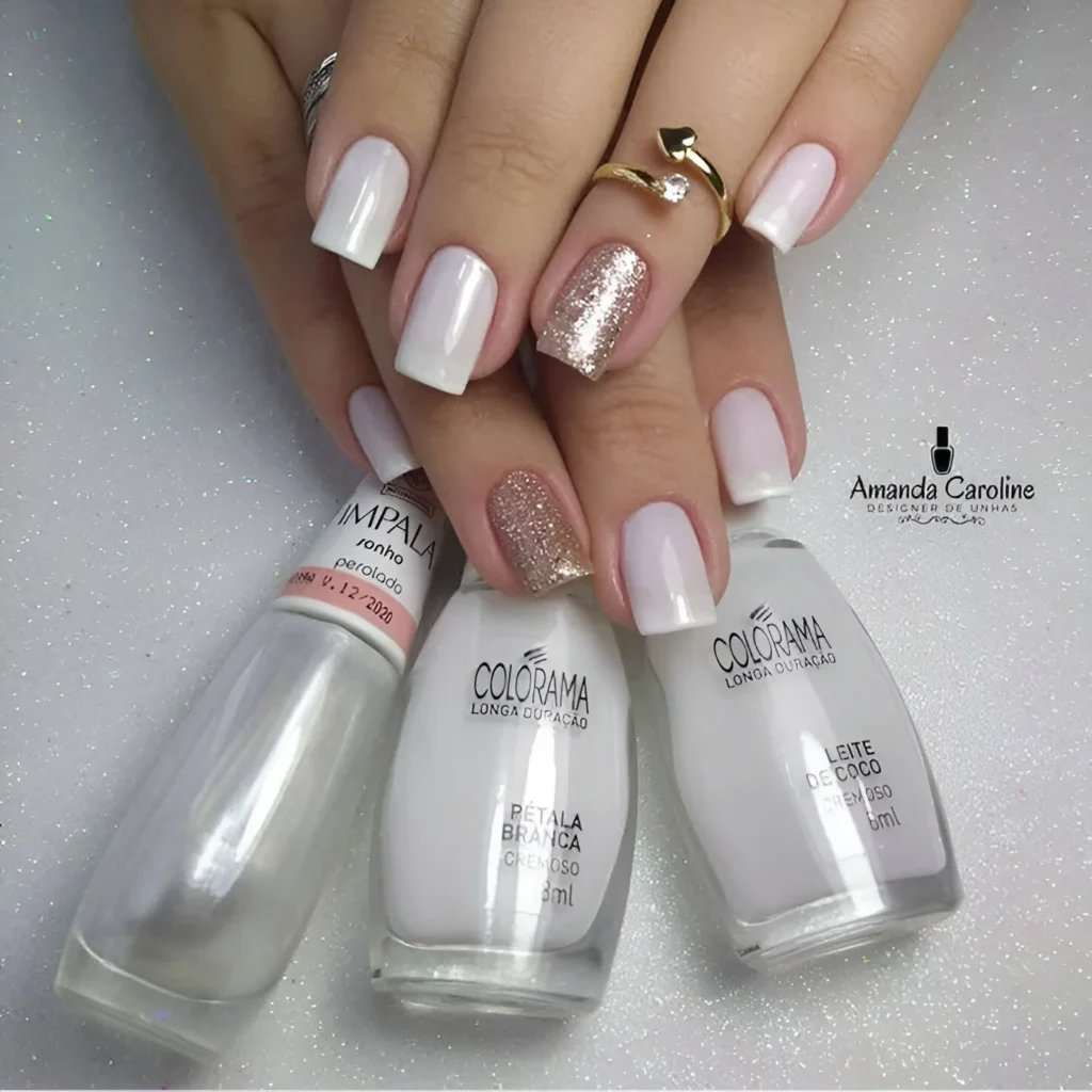 Short milky white nails with gold glitter accent nails - cute short nail designs