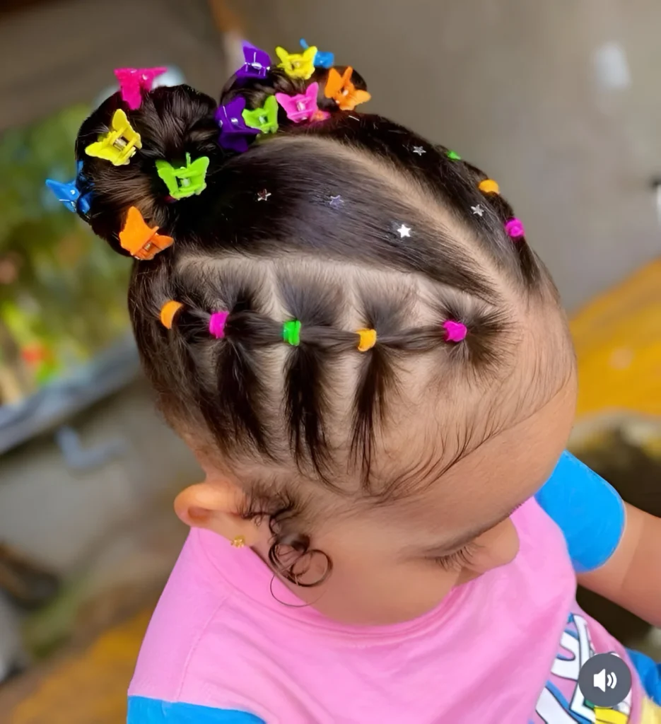 Toddler girl hairstyles; top knot with colorful clips.