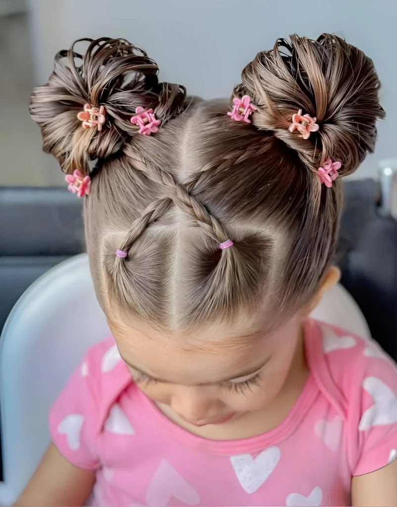 Little girl updos; high twisted buns with clips.