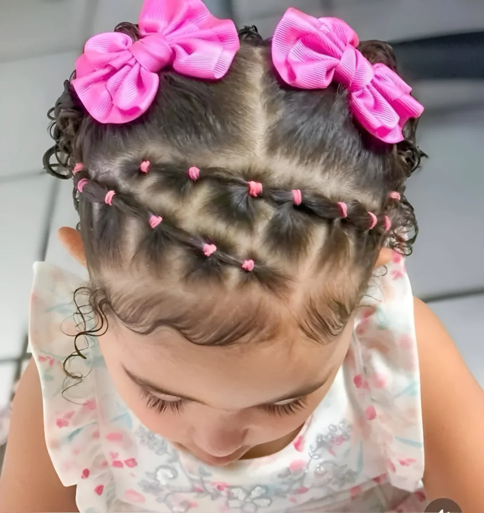 Short hairstyles for little girls; braids and curls with bows.