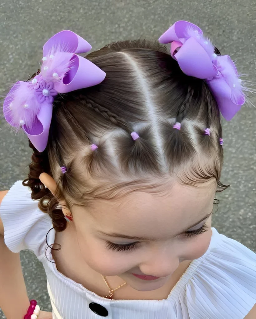 Easy hairstyles for little girls; pigtails with bows.