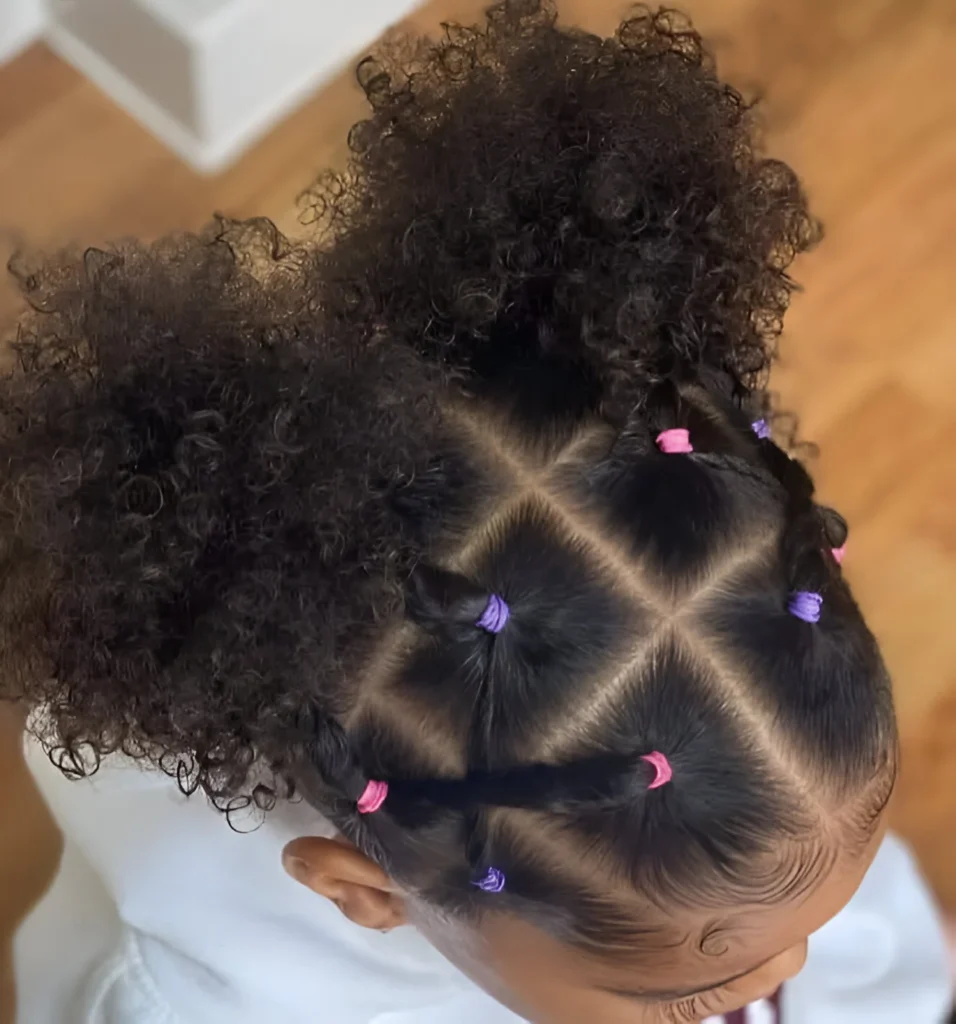 Natural hairstyles for little girls; diamond patterned puffs.