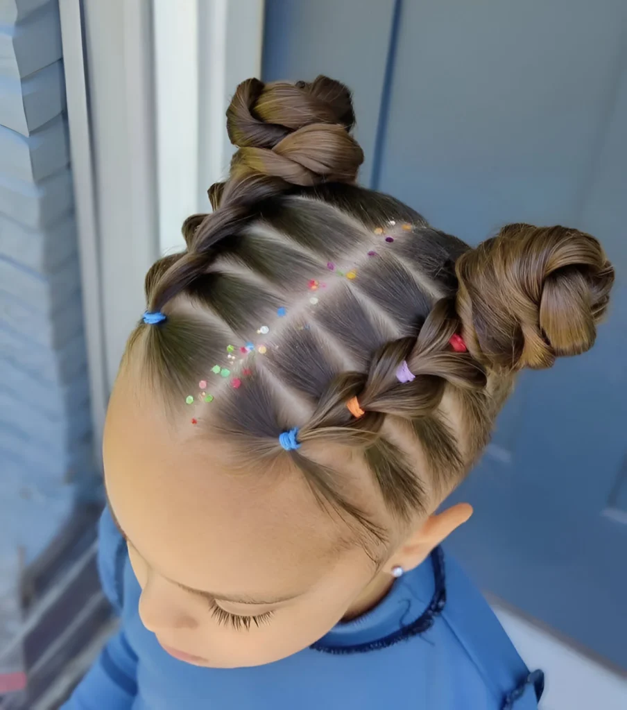 Fun hairstyles for little girls; braided space buns with glitter.