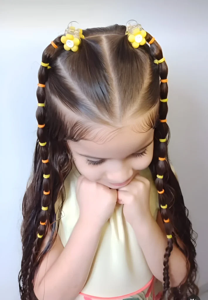 Colorful and easy hairstyles for little girls; braided pigtails.