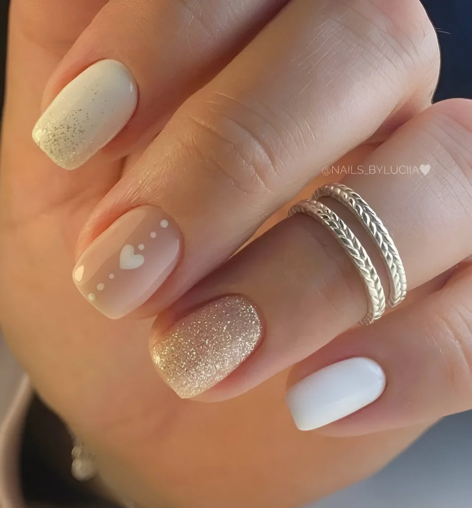 Simple nail designs with white, gold glitter, and heart accents.