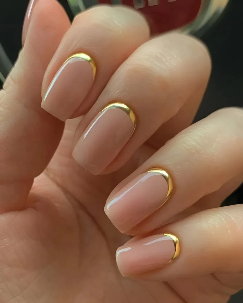 Simple nude nail designs with gold cuticle detail.