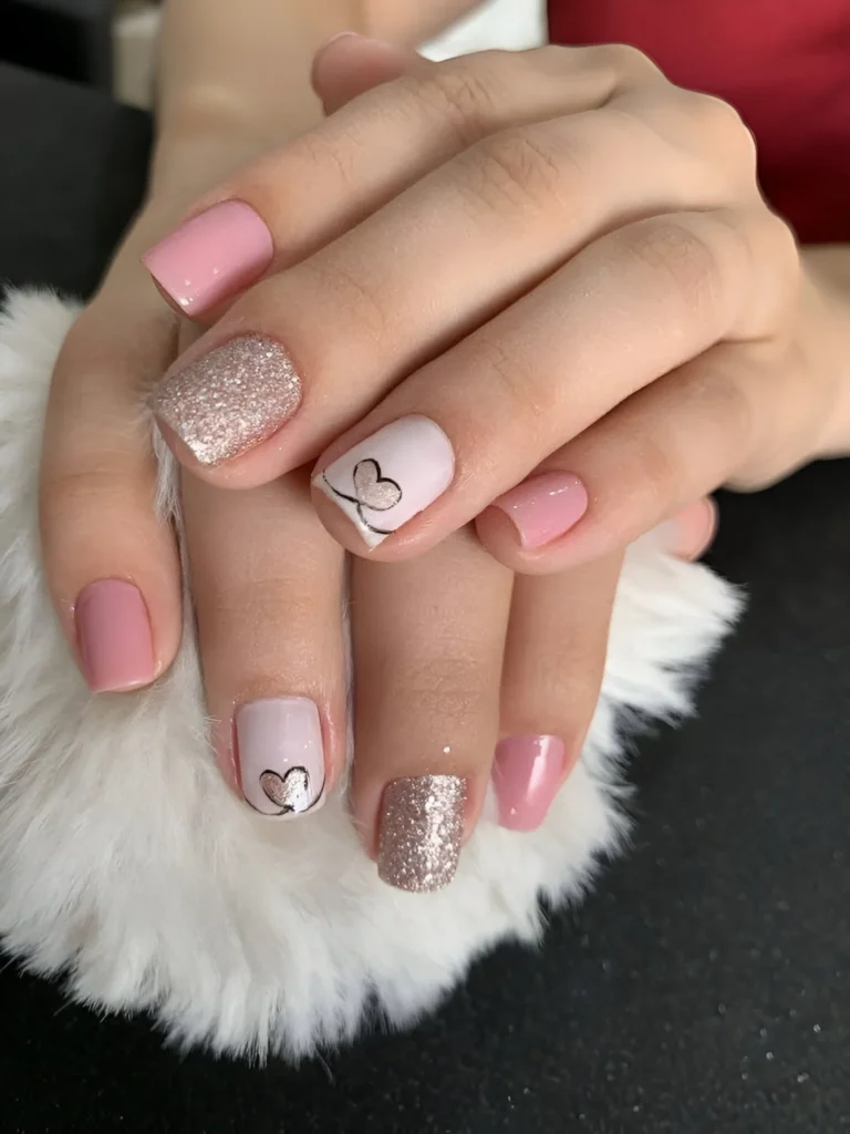 Pink and white nails with hearts and glitter.