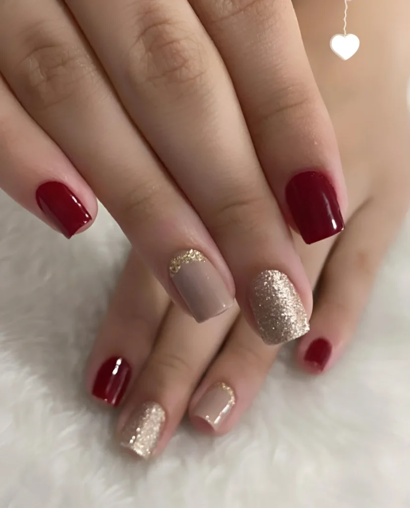 Red and gold nails for an elegant look.