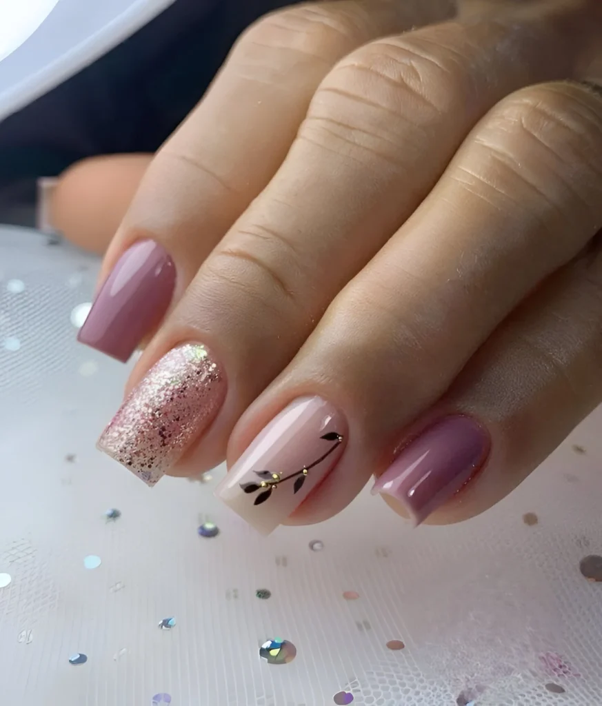 Simple nail design with mauve, glitter, and leaf detail.