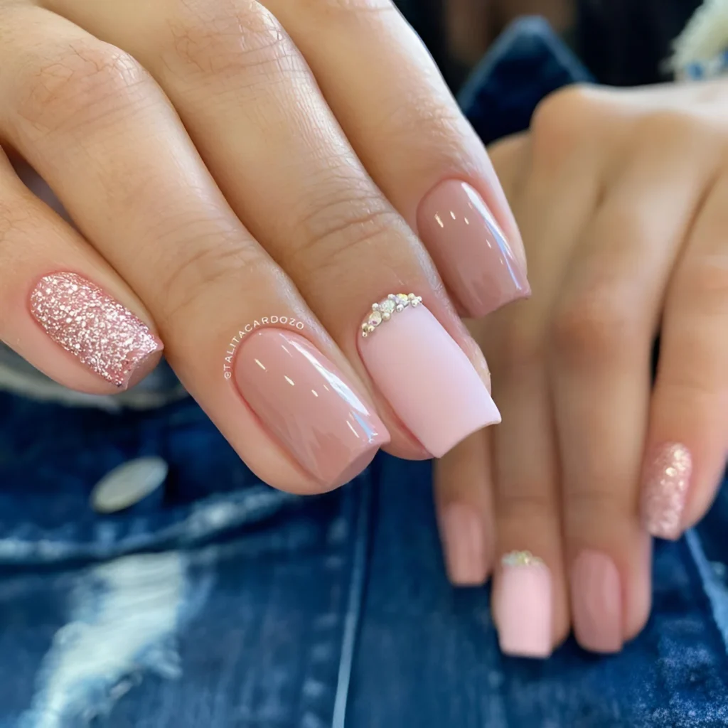 Elegant pink and nude nails with glitter and gemstones.