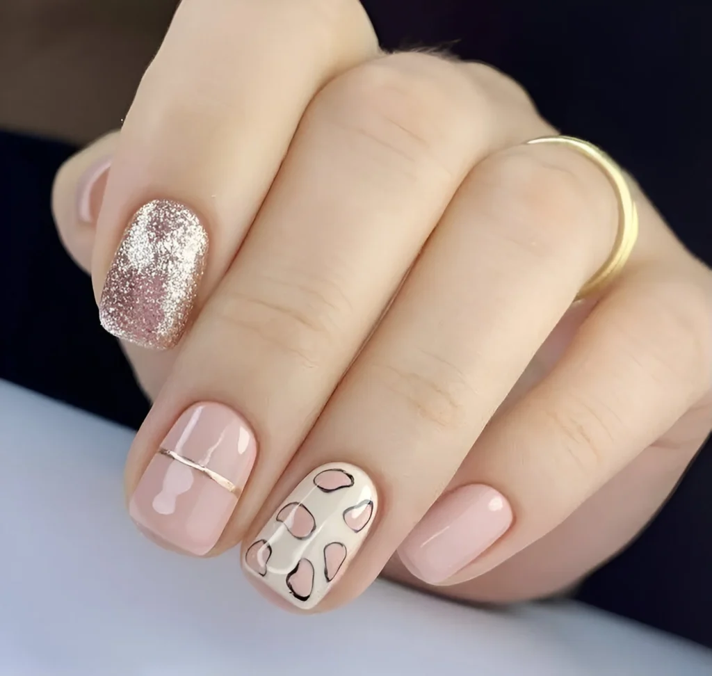 Pale pink nails with subtle animal print outlines.