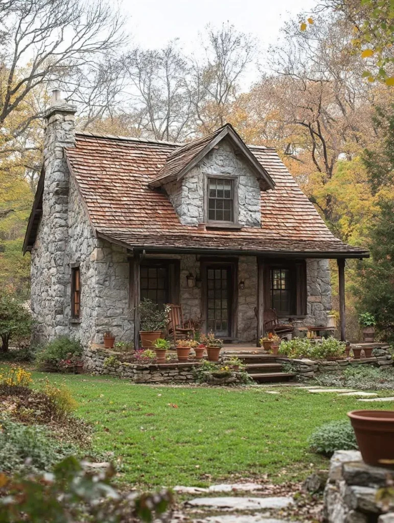 Tiny stone cottage with cedar shake roof and porch.