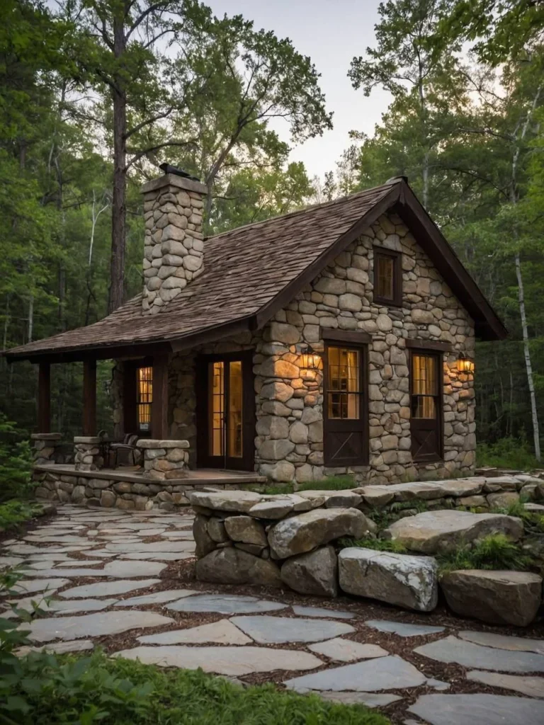 Tiny house stone cottage with flagstone pathway and rock wall.