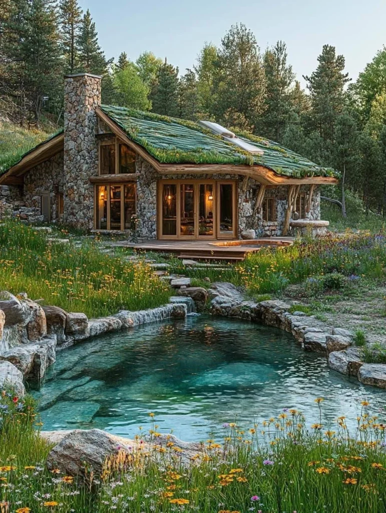 Tiny stone cottage with green roof and reflecting pool.