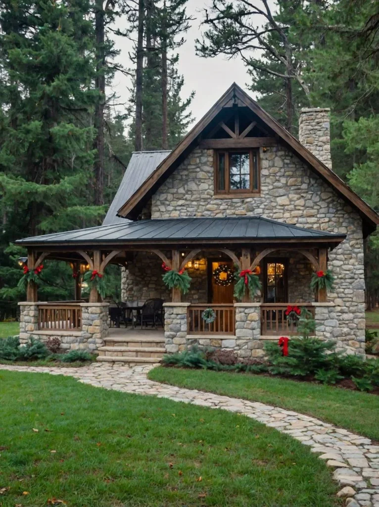 Rustic Stone Cottage with Wooden Beams in Snow