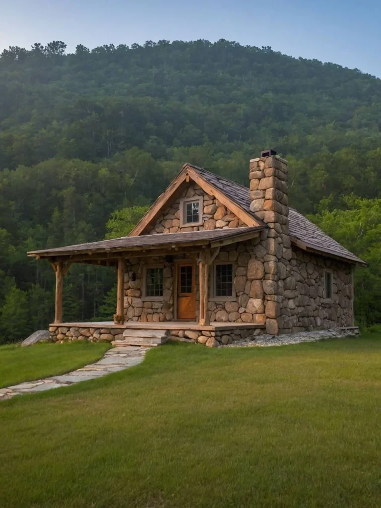 Simple stone cabin with covered porch and large chimney.