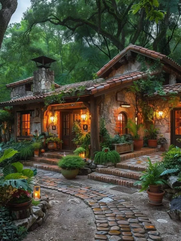 Stone cottage with terracotta roof, surrounded by lush plants.