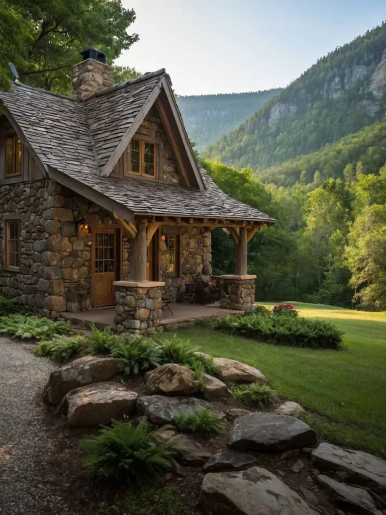 Tiny stone cabin with gabled roof and mountain views.