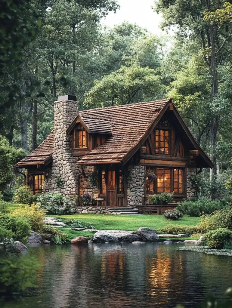 Rustic Stone Cottage Reflected in Pond