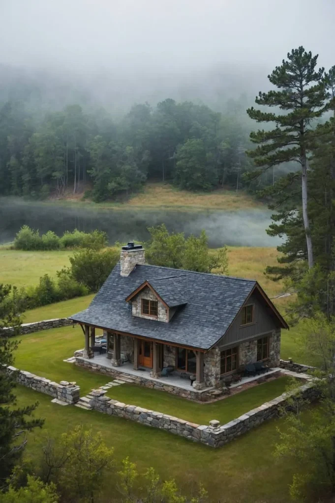 Stone cottage with dark roof and surrounding stone wall, overlooking a lake.