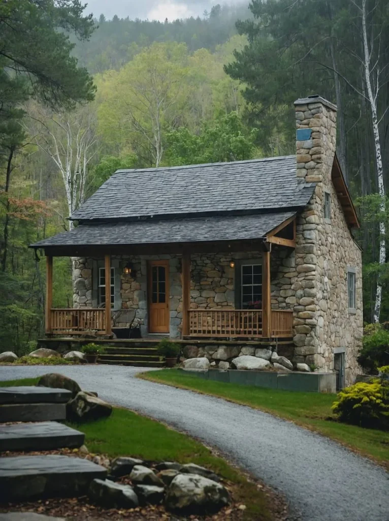 Tiny stone cottage with a curving path and wooden porch details.