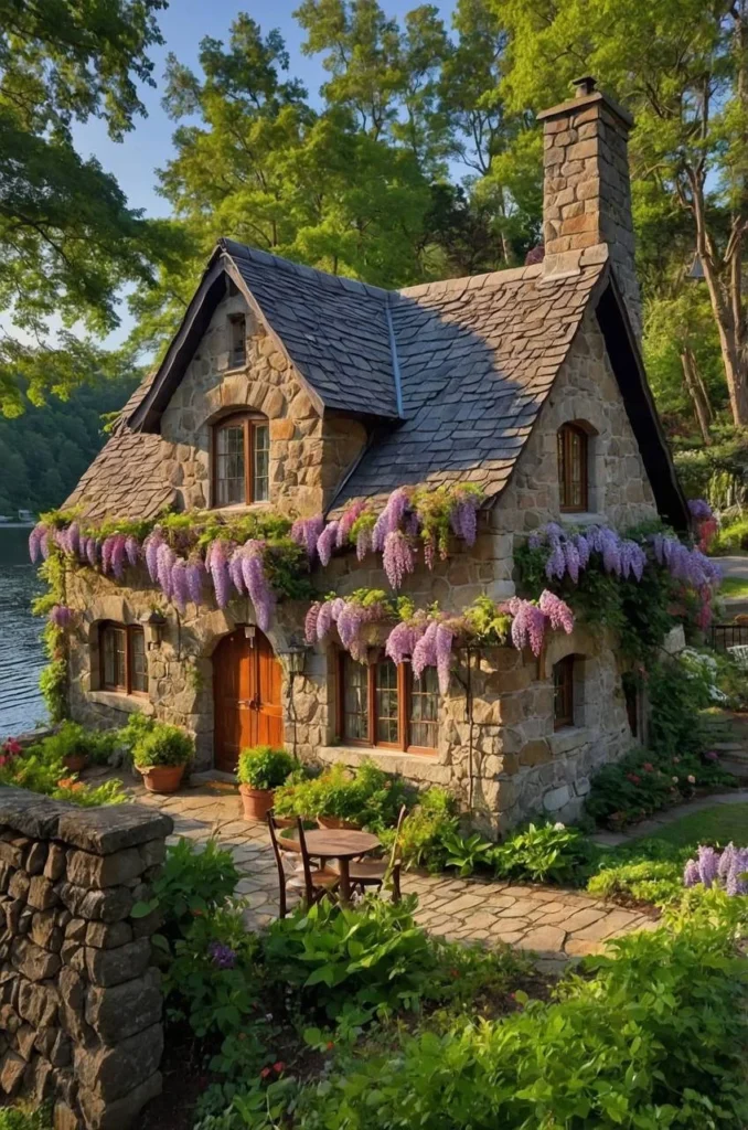 Rustic Stone Cottage with Wisteria Flowers