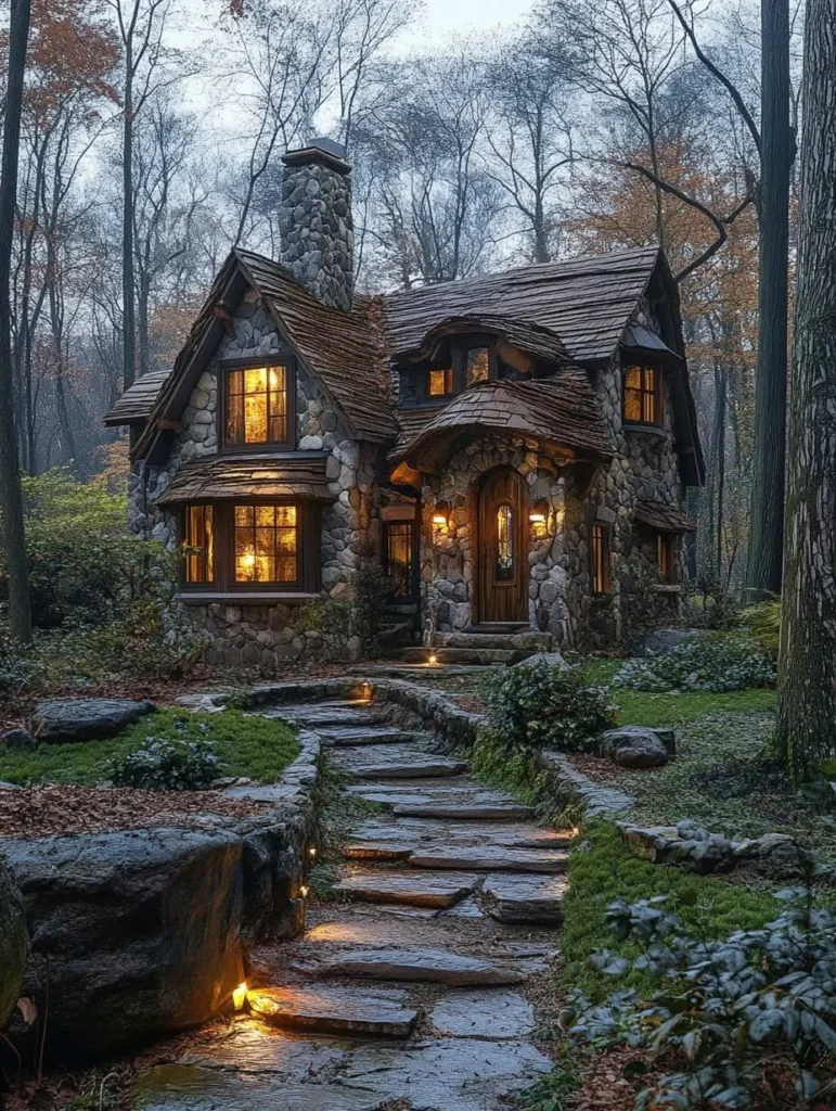 Fairytale stone cottage with curved roof and illuminated pathway.