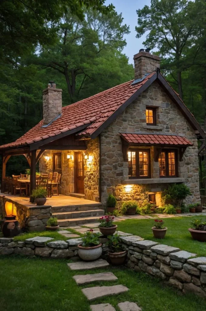 Rustic Stone Cottage at Twilight