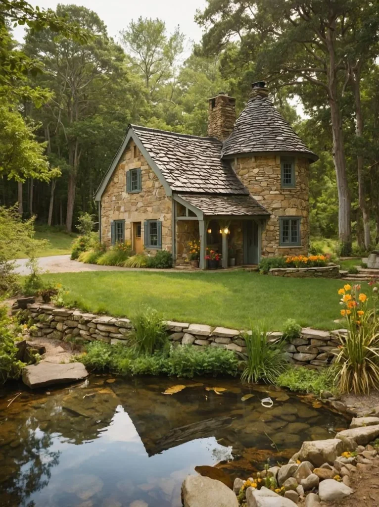 Stone cottage with a round turret, reflected in a pond.