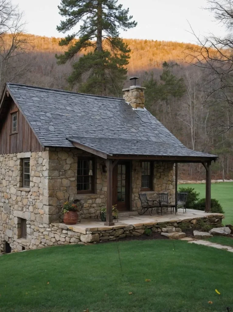 Small stone and wood cottage with a raised porch.