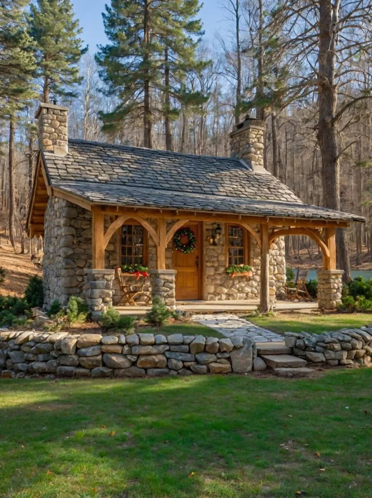 Small Rustic Stone Cabin with Arched Porch