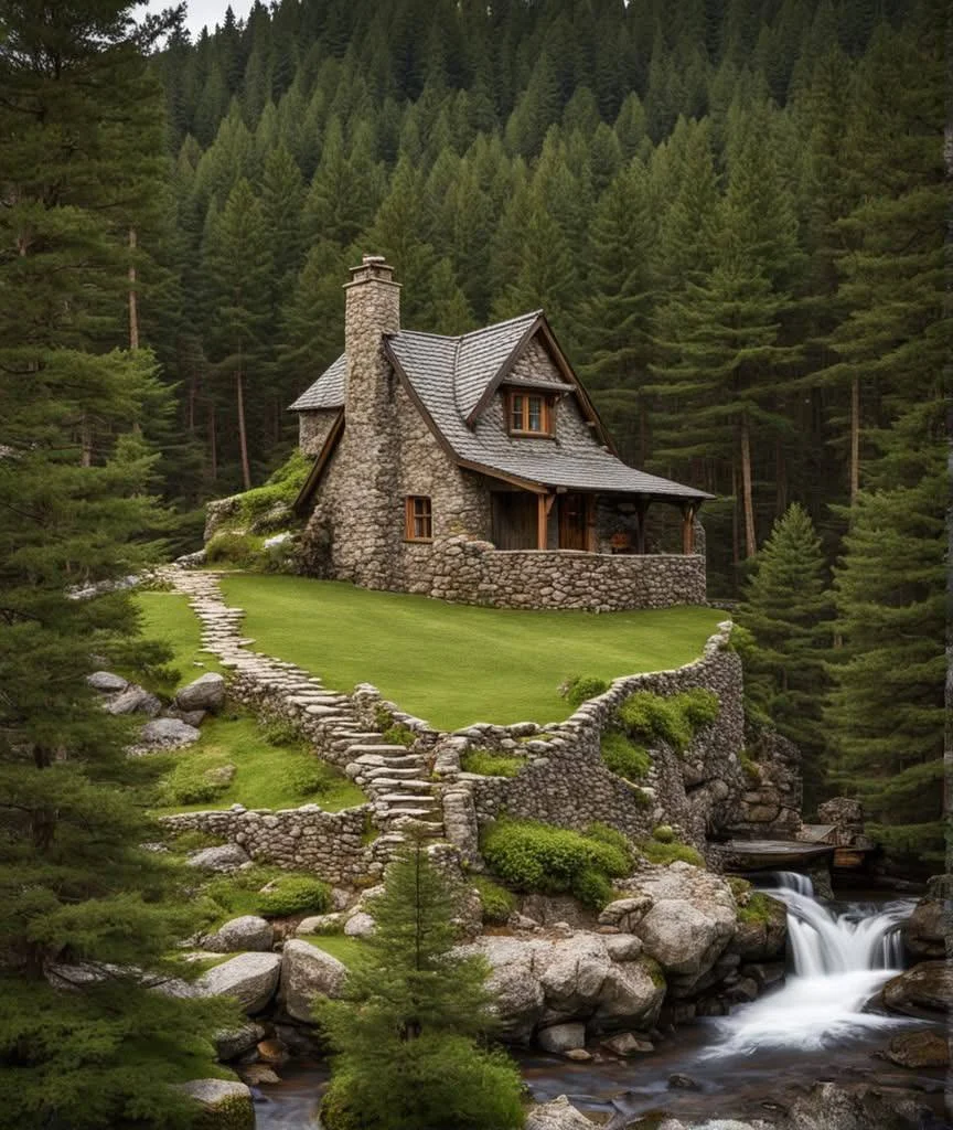 Tiny stone cottage nestled beside waterfall and lush greenery.