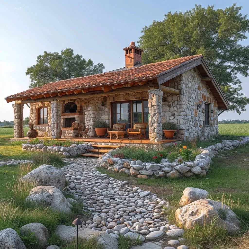 Stone cottage with cobblestone path and terracotta roof details.