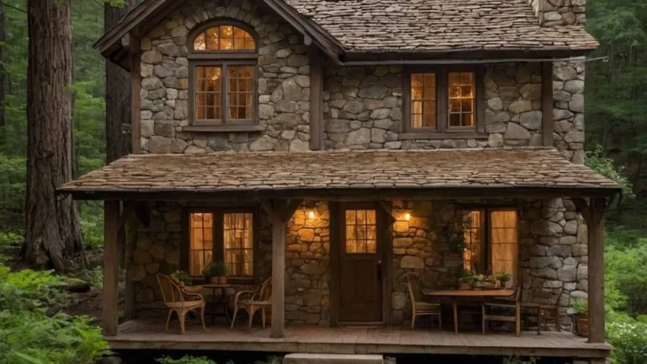 Two-story stone cottage with a covered porch in a forest.