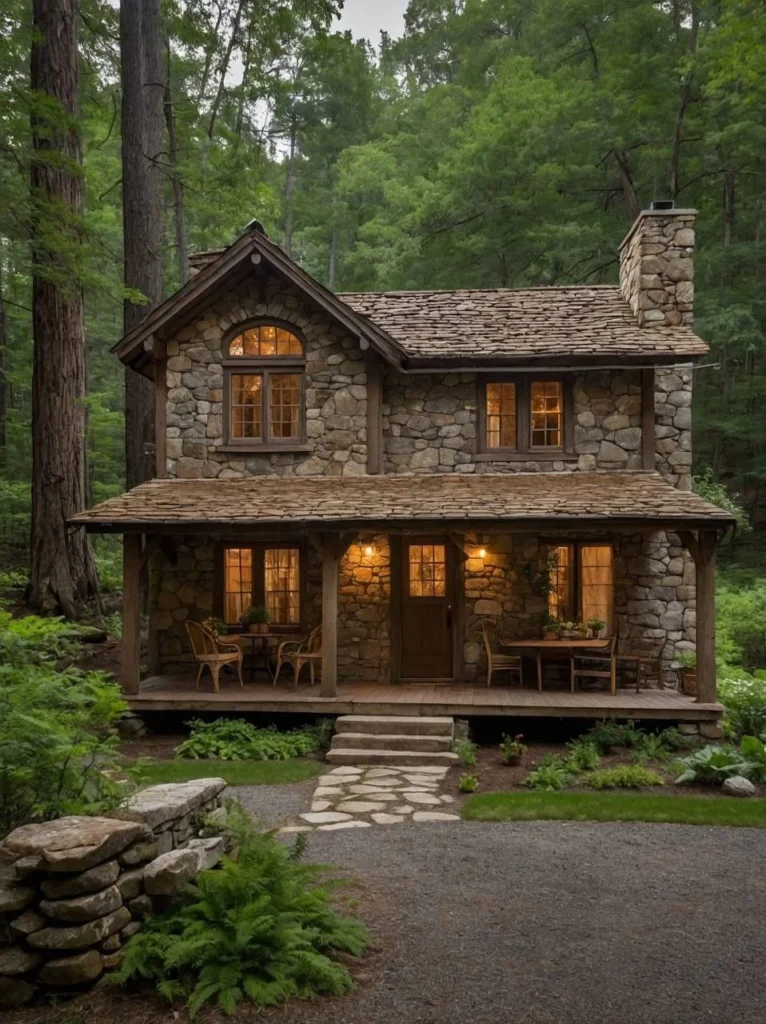 Two-story stone cottage with a covered porch in a forest.