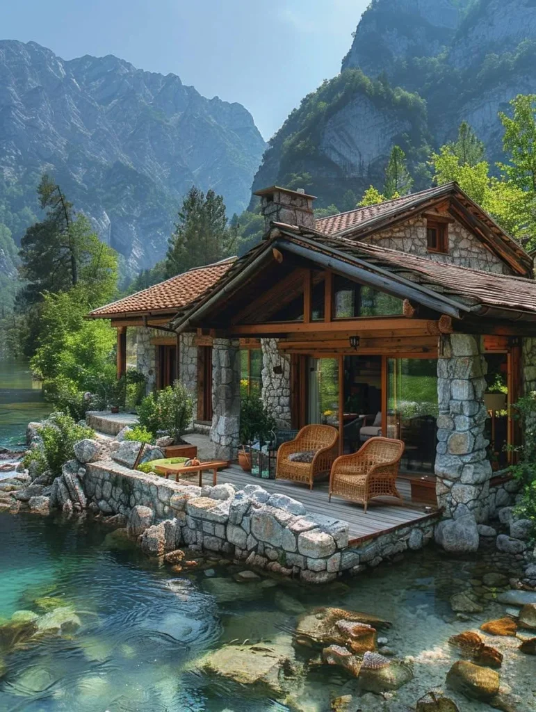 Stone cottage with large windows and deck overlooking clear water.