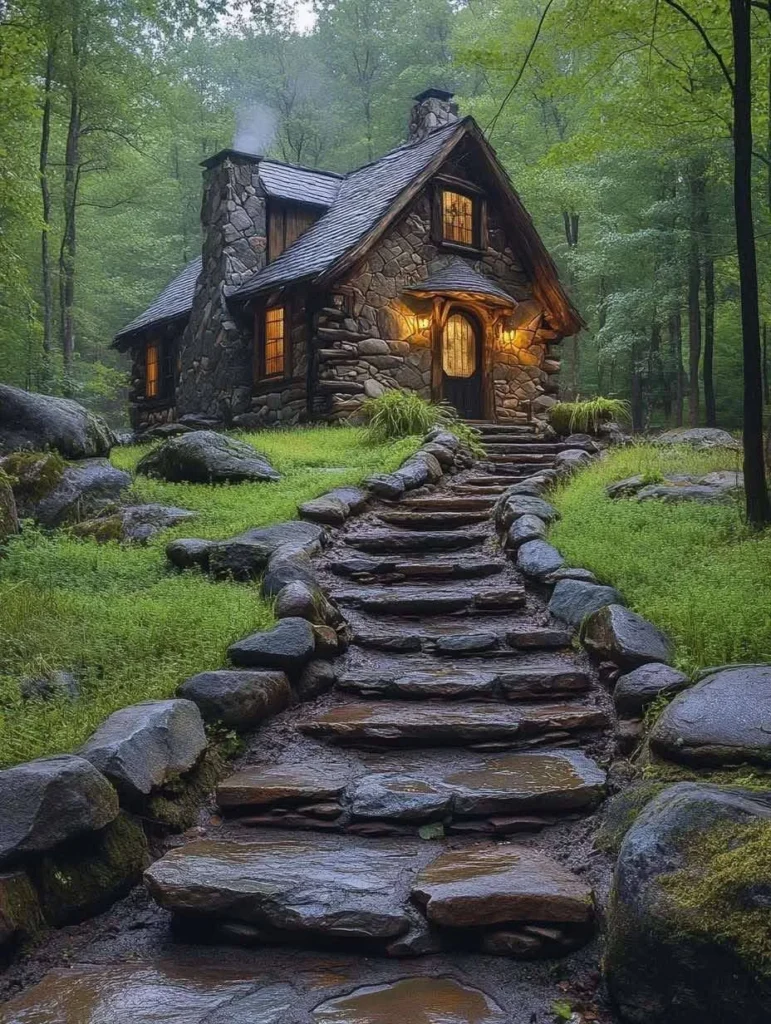 Rustic Stone Cottage with Stone Steps in Forest