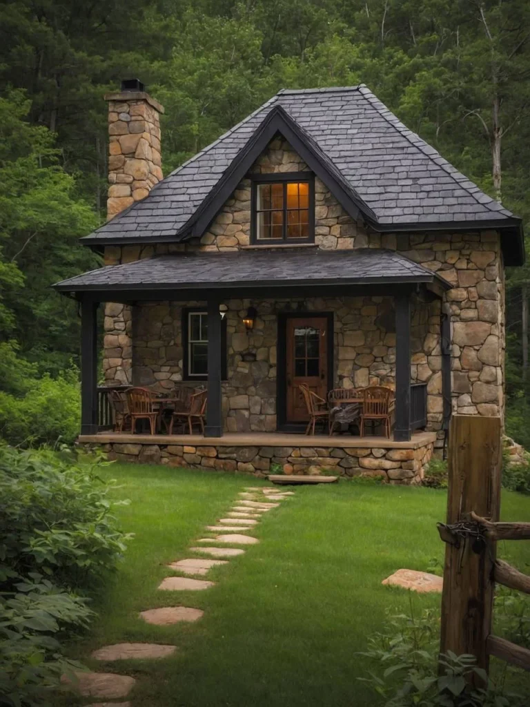 Charming tiny stone cottage with dark trim and stepping stone path.