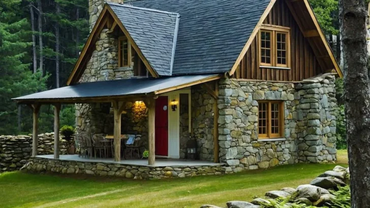 Rustic Stone Cottage with Stone Wall and Red Door