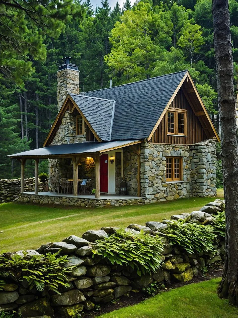 Rustic Stone Cottage with Stone Wall and Red Door