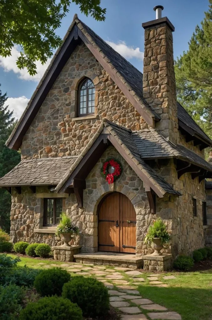 Rustic Stone Cottage with Arched Wooden Doorway