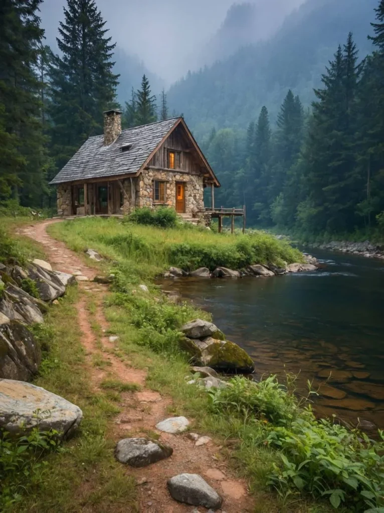 Tiny stone cottage by a river with wooden accents.