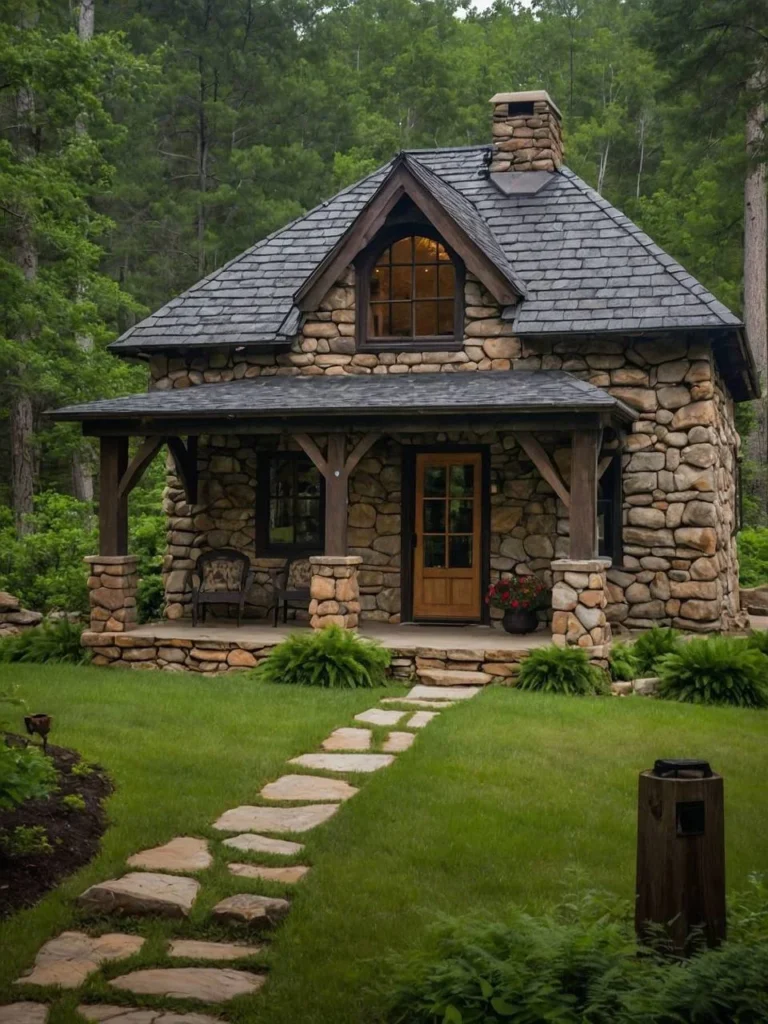 Tiny stone cottage with arched window and stone pathway.