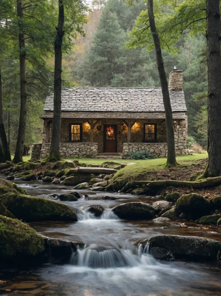 Tiny stone cottage beside a flowing creek, illuminated windows.